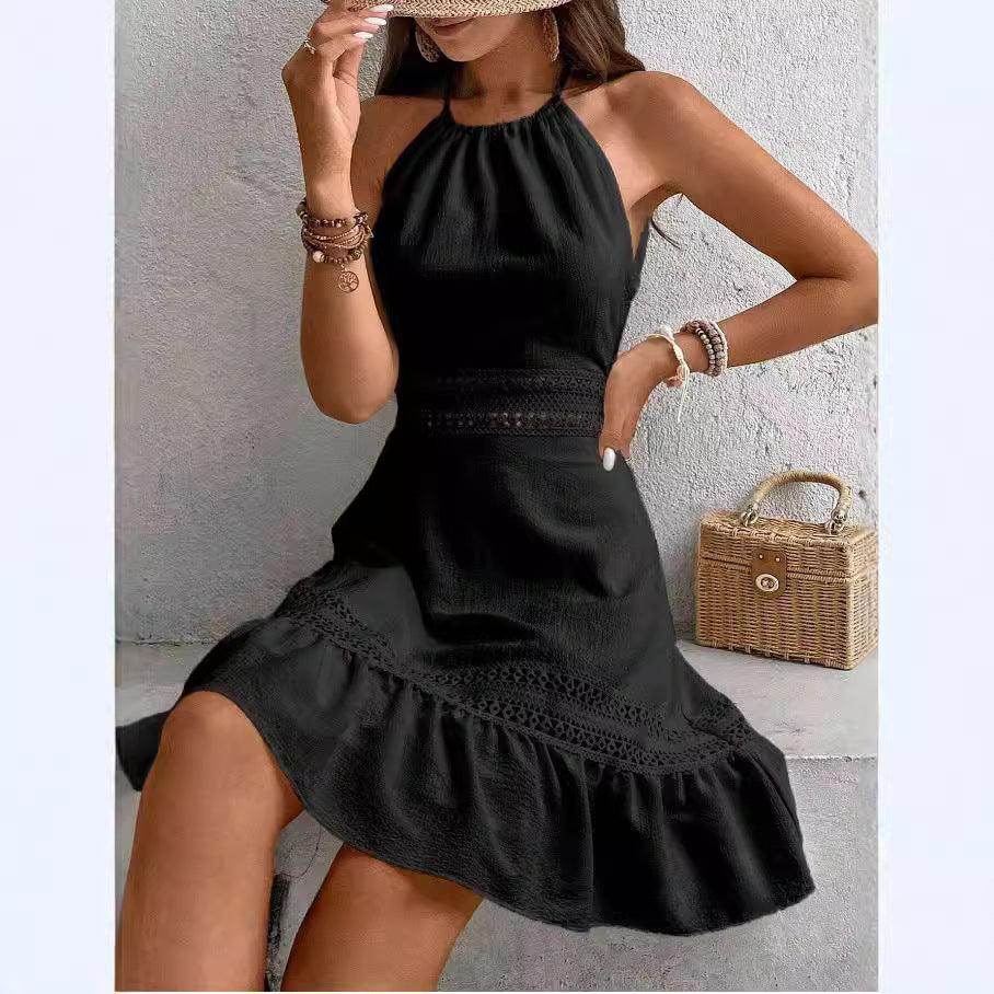 Solid Color Hollow Lace Stitched Backless Halter Lace-up Mini Skirt - Magellan Fashion Shop