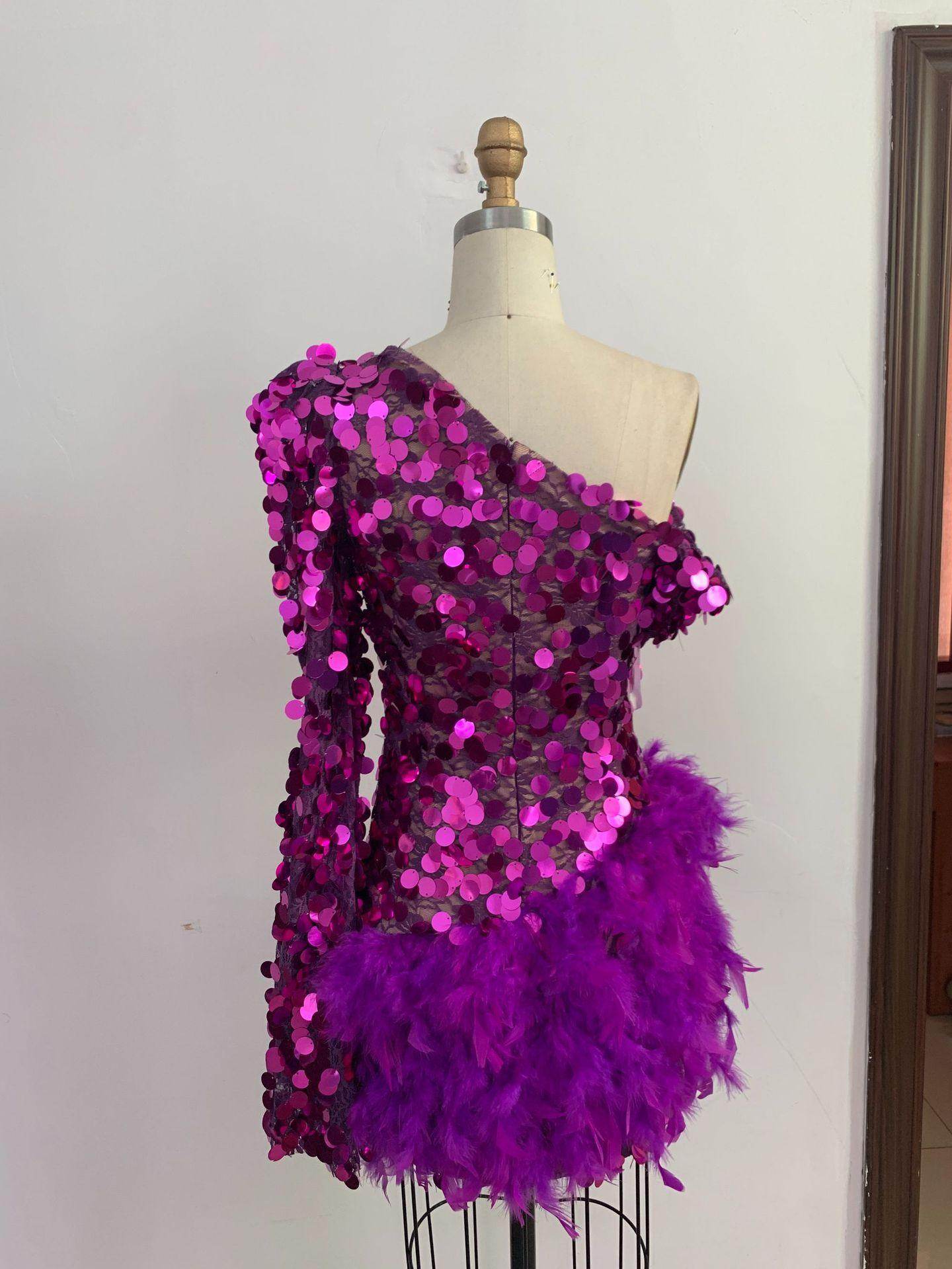 Sequined Feather Skirt One-shoulder Sleeve Short Dress Luxury Party Stage Performance Dress - Magellan Fashion Shop