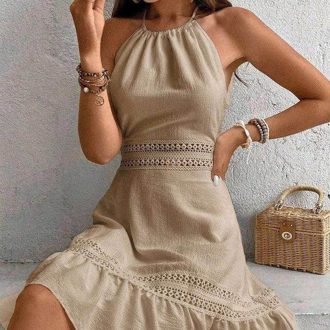 Solid Color Hollow Lace Stitched Backless Halter Lace-up Mini Skirt - Magellan Fashion Shop