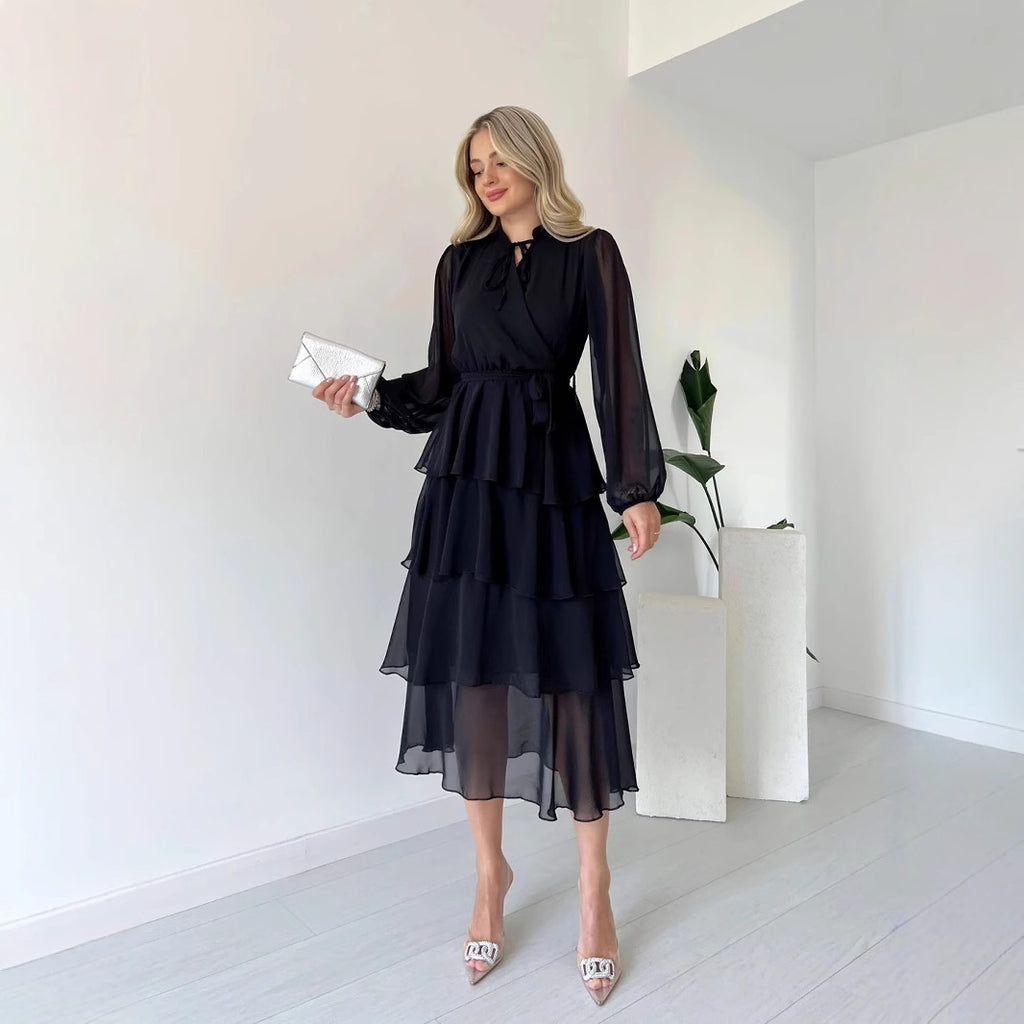 Solid Color Long Sleeve Lace-up Elegant Dress - Magellan Fashion Shop