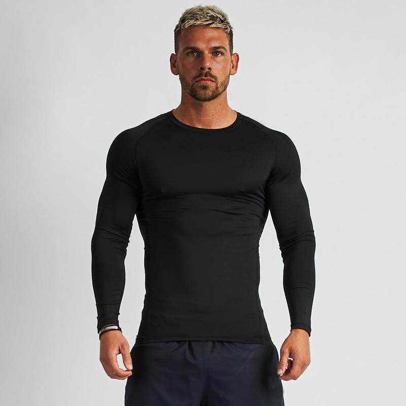 Men's quick drying fitness stretch long-sleeved shirt in black and white, slim fit pullover with round neck.