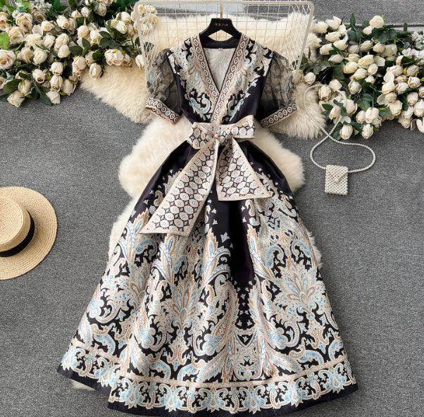 Women's Printed Tie Waist Long Dress - Magellan Fashion Shop