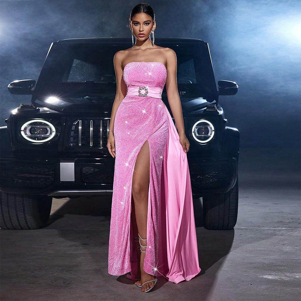 Velvet Sequined Cinched Waist Slim-fit Tube Top Banquet Dress - Magellan Fashion Shop