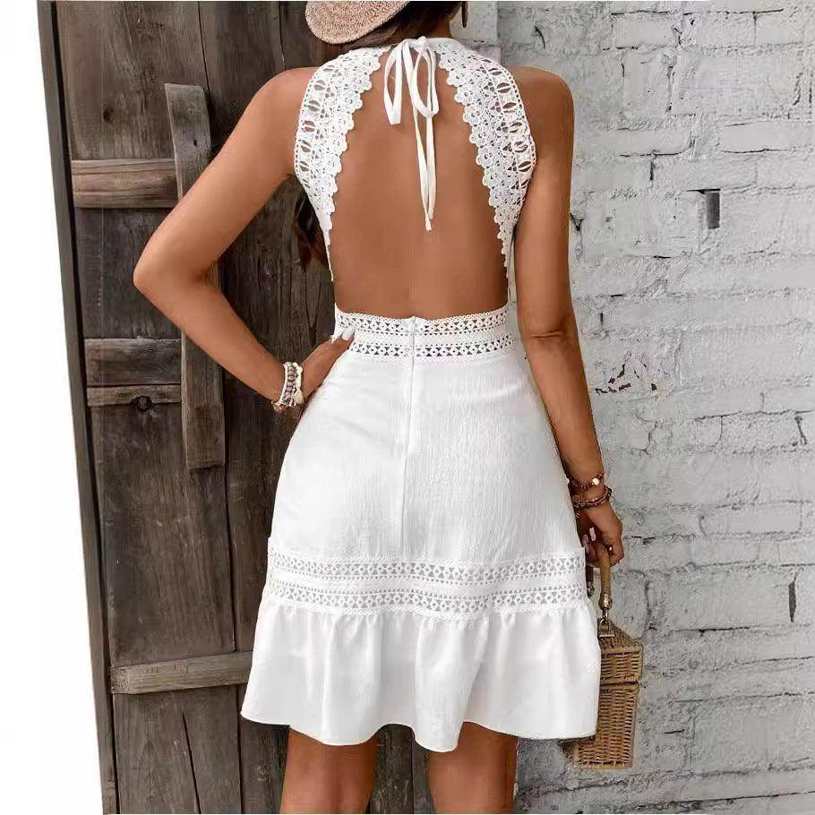 Solid Color Hollow Lace Stitched Backless Halter Lace-up Mini Skirt - Magellan Fashion Shop