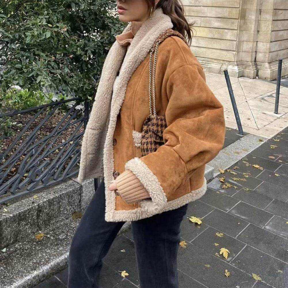 Lapel Woolen Coat With Pockets Winter Fashion Loose Suede Short Top Women's Clothing - Magellan Fashion Shop