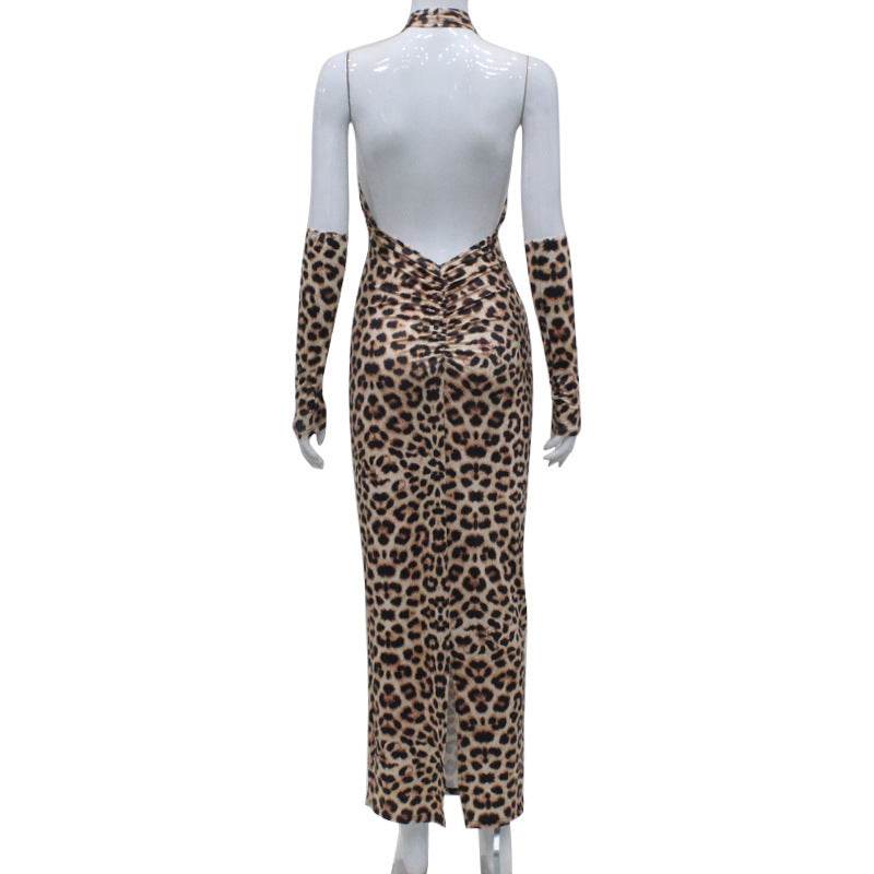Leopard Print Cross Hollow Out Strap Backless High Waist Dress - Magellan Fashion Shop