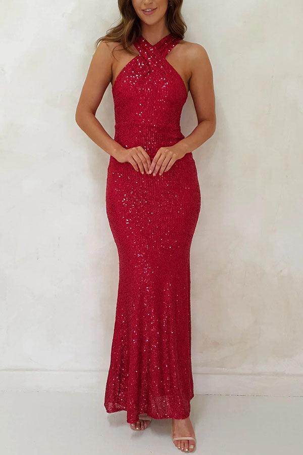 Fashionable Multicolor Halter Sleeveless Sequins Sequin Dress - Magellan Fashion Shop
