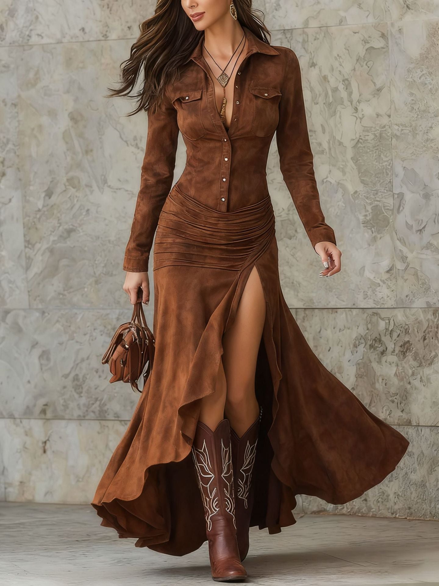 Slim-fit Zipper Stand Collar Split Long Dress