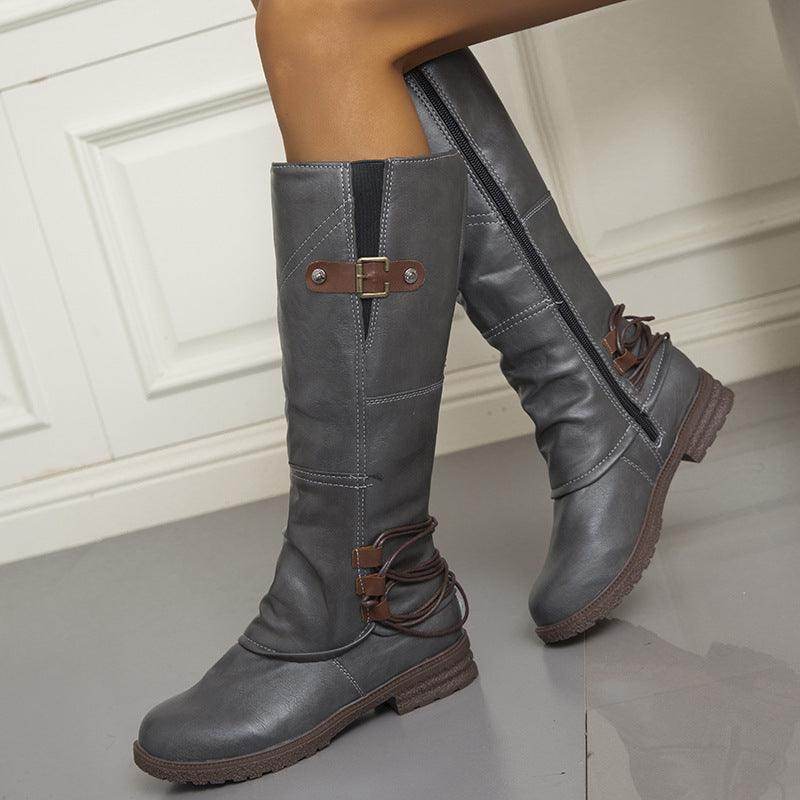 Fashion Casual Round Toe Square Heel Women's High-top Fashion Leather Boots - Magellan Fashion Shop