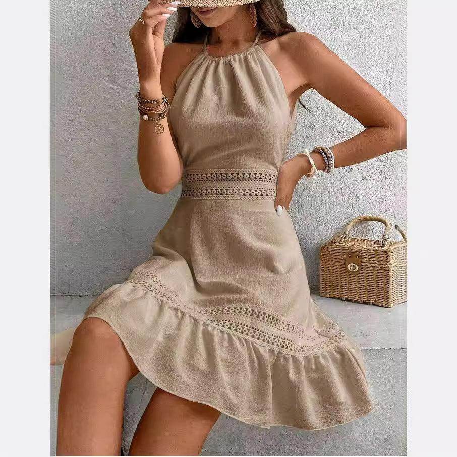 Solid Color Hollow Lace Stitched Backless Halter Lace-up Mini Skirt - Magellan Fashion Shop