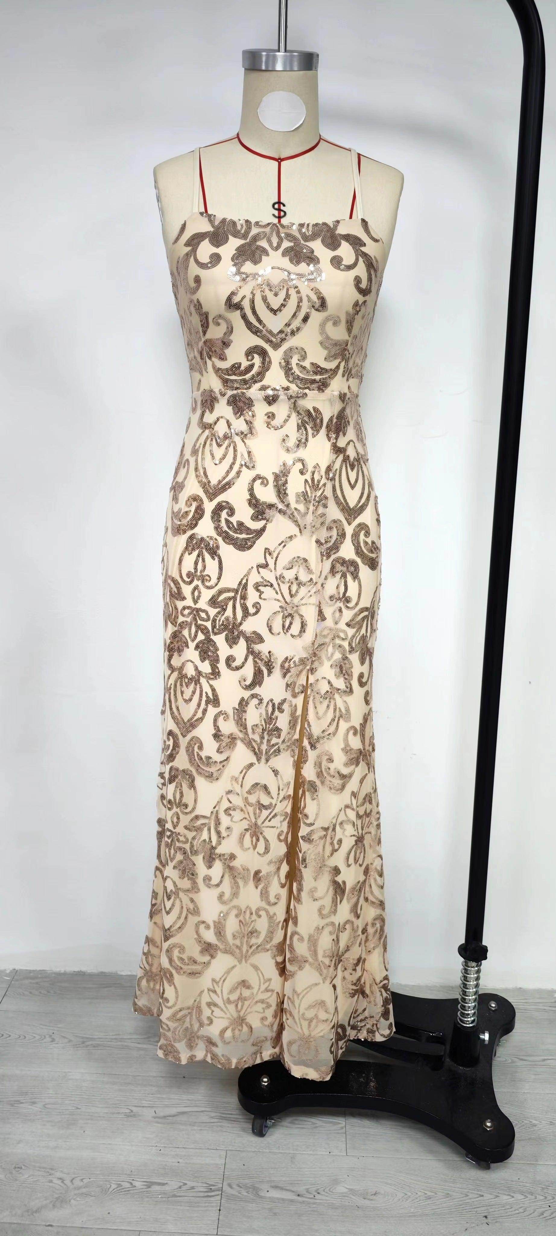 Off-neck Sequined Floor-length Evening Elegant Slit Banquet Party Dress - Magellan Fashion Shop