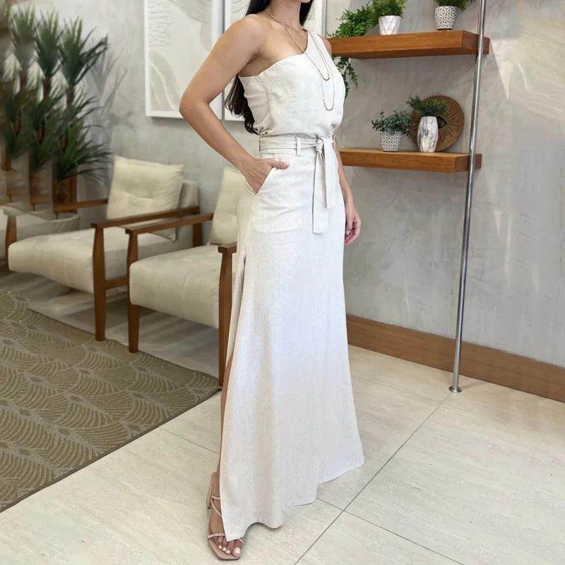 Summer New Solid Color Sleeveless Top High Waist Slit Long Dress - Magellan Fashion Shop